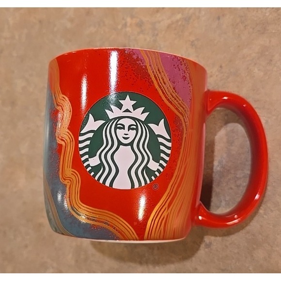 Starbucks Other - 2021‎ Starbucks 18oz Coffee Mug Mermaid Logo Red green gold wavy lines